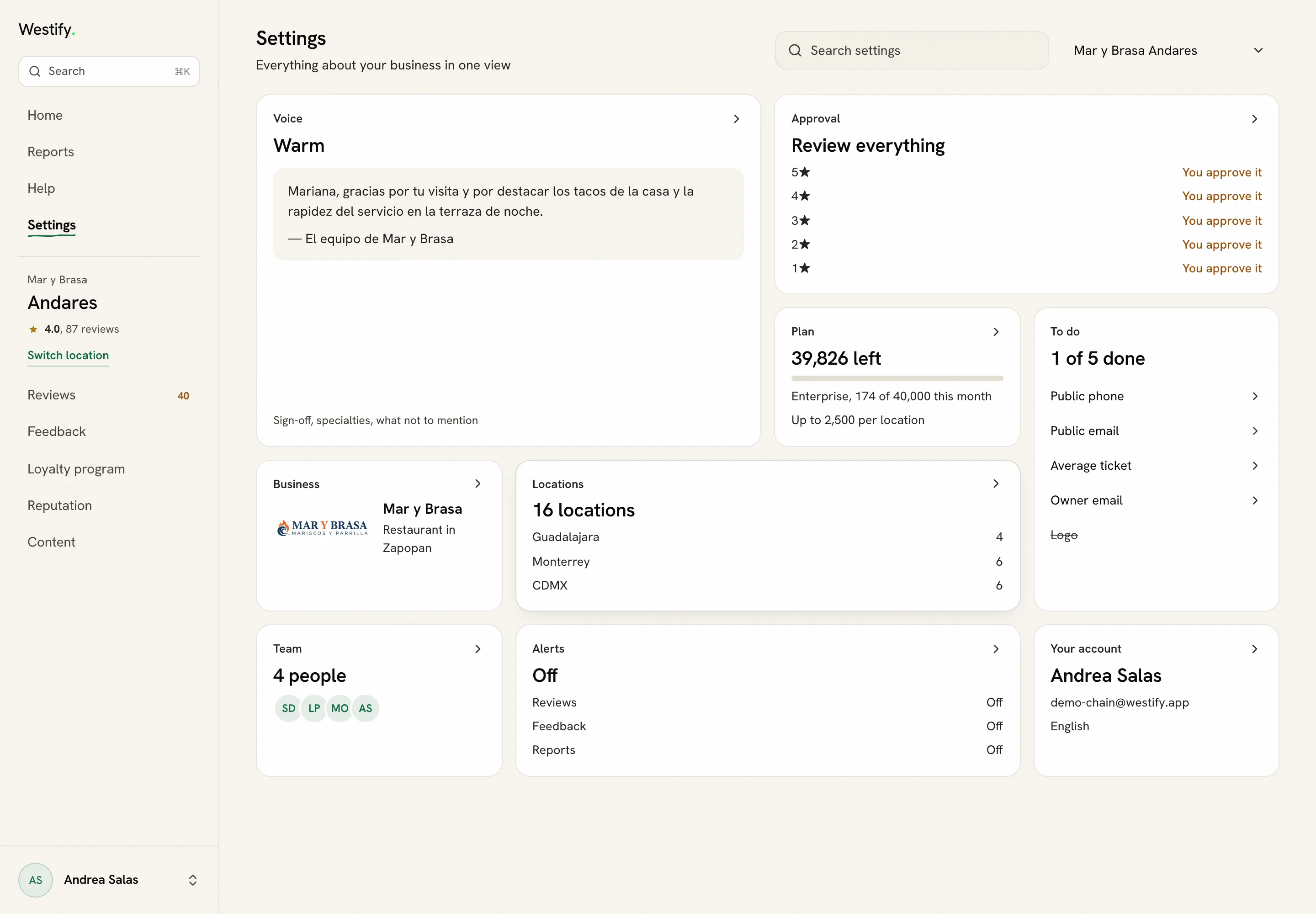 Your locations and your team in the Westify panel.